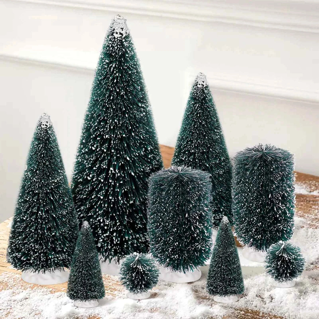 9Pcs Mini Christmas Trees Set – Artificial Snow-Covered Bottle Brush Trees with Wooden Base | Miniature Tabletop Christmas Decorations in 5 Sizes for Home, Office & Holiday Display