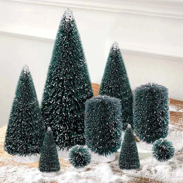 9Pcs Mini Christmas Trees Set – Artificial Snow-Covered Bottle Brush Trees with Wooden Base | Miniature Tabletop Christmas Decorations in 5 Sizes for Home, Office & Holiday Display