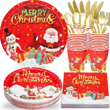 175Pcs Christmas Paper Plates and Napkins | Serve 25 Guests | Disposable Christmas Party Set | Festive Red Christmas Plates & Napkins for Holiday Decorations