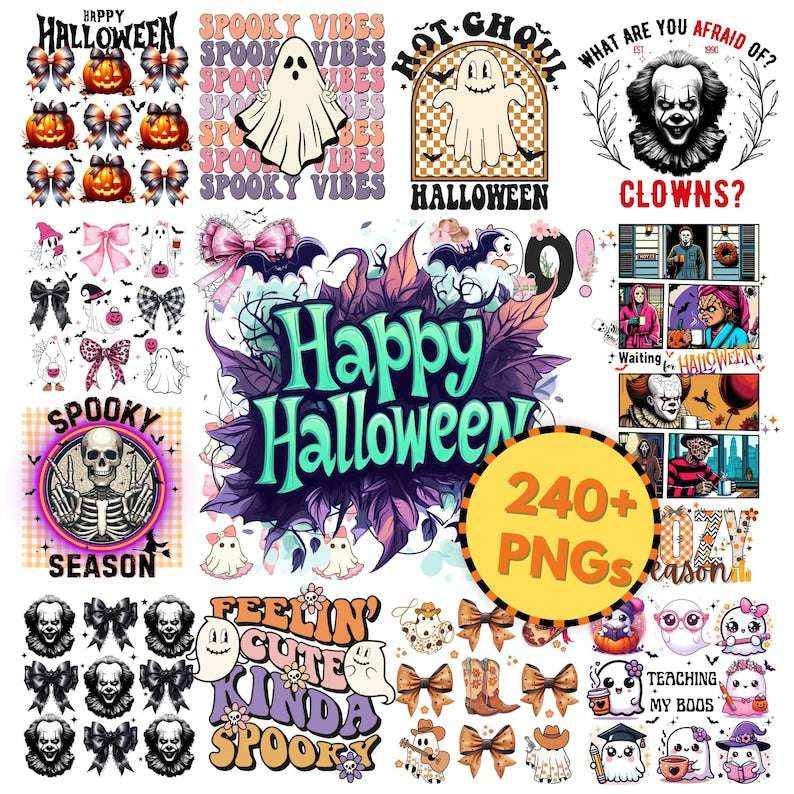 Halloween Mega Bundle  | Retro Halloween Designs | Horror Film Bundle | Fall Spooky Vibes | Trick or Treat Cartoon Clipart | Bubble-Free Stickers