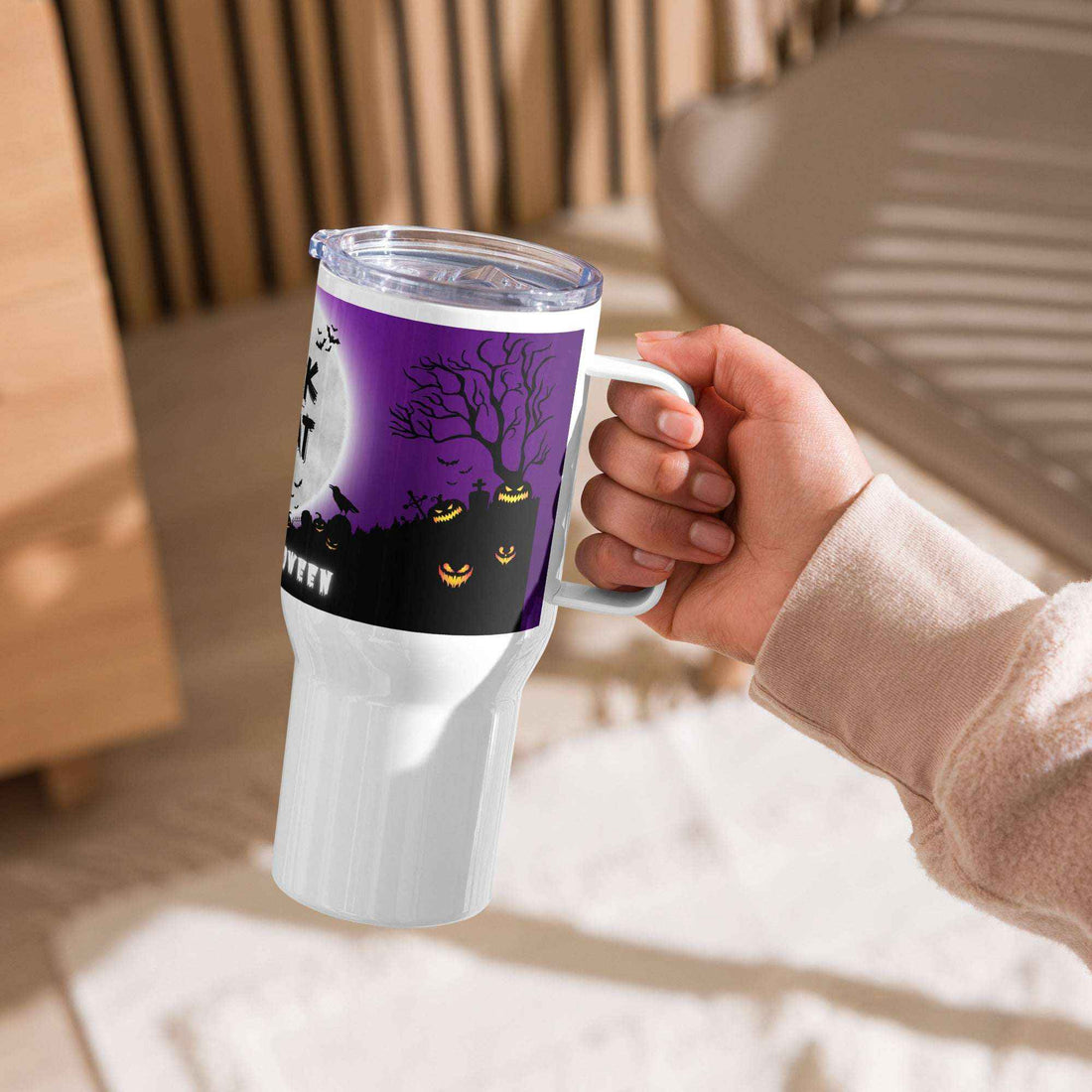 Trick and Treat Purple Happy Halloween Travel Mug