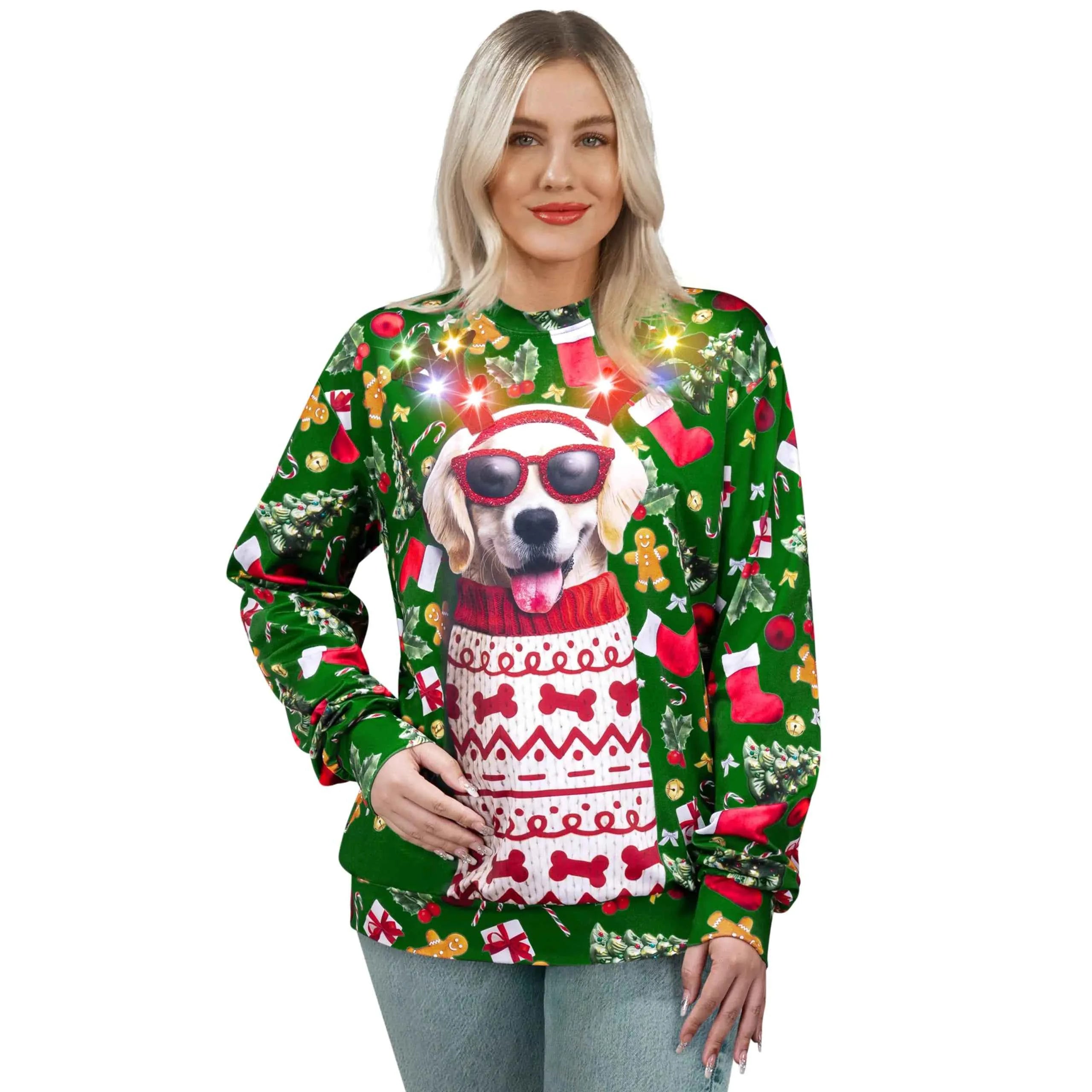 Giggling Getup Ugly Christmas Sweater – 3D Cute Puppy Pullover Unisex Sweatshirt for Men & Women | Funny Holiday Jumper | Red Christmas Sweatshirt