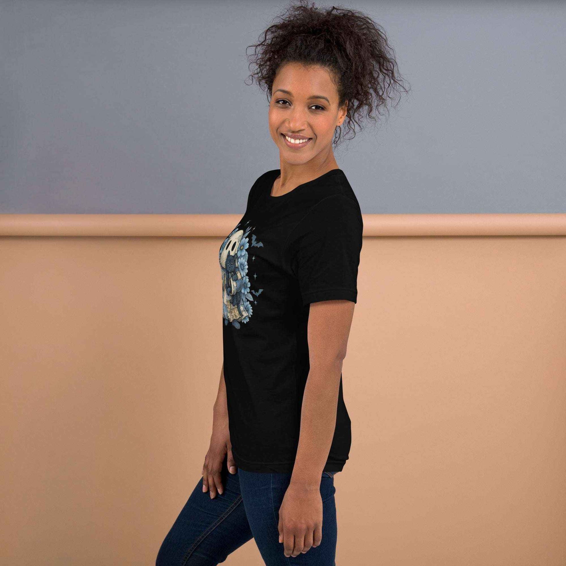 Retro Halloween Blue Denim Ghost Unisex T-Shirt | Trendy Patchwork Spooky Ghost, Cute Boo Coquette, Fall Pumpkin, Spooky Season