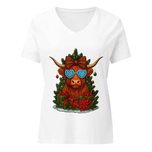 Cute Christmas Highland Cow Women’s V-Neck T-Shirt – Festive Holiday Wear